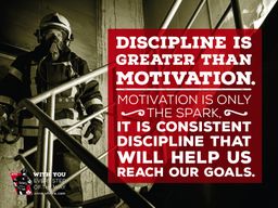 Two firefighters putting water on a fire with quote &quot;We are what we repeatedly do; excellence, then, is not an act but a habit&quot;