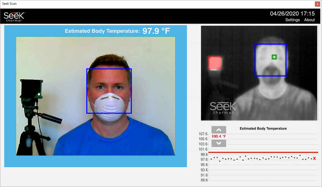 Software Display: Face detected. Seek Scan is measuring skin temperature.