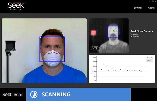 Software Display: Face detected. Seek Scan is measuring skin temperature.