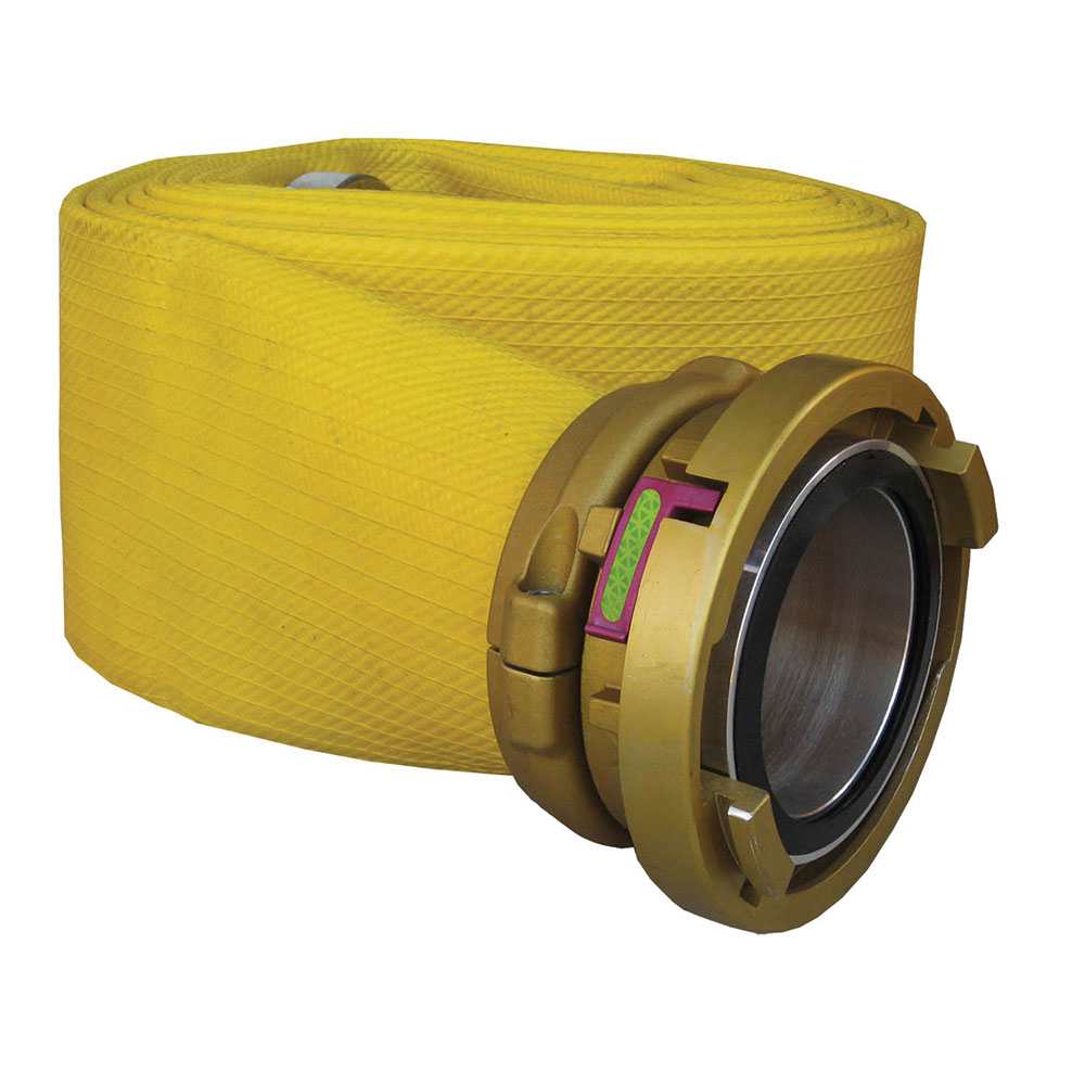 Deluge LDH Supply Hose - 100mm (4&quot;) Storz x 50ft, yellow, w/ Gold Anodized Wayout cplgs
