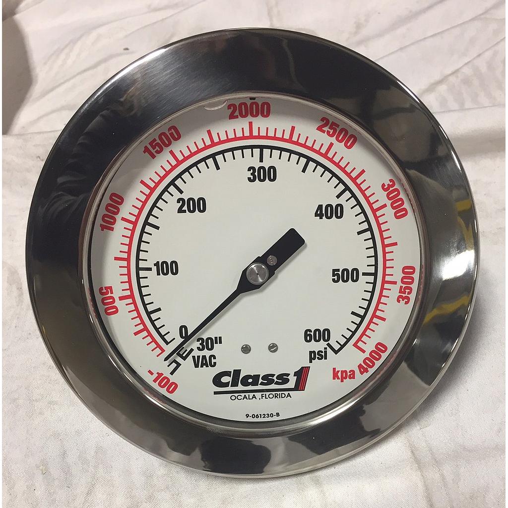 Class 1 - 6'' white face gauge, -30 to 600psi *Sale*